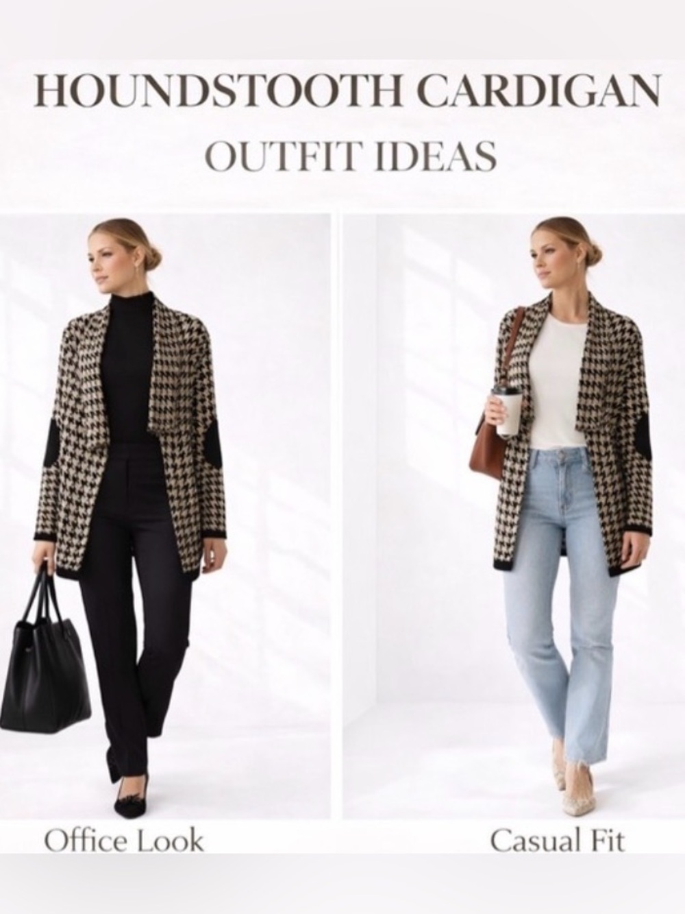 Anthropologie Chic Houndstooth Cardigan Preppy Lagenlook Sweater Elbow Patch, S - Picture 9 of 11